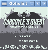 A screenshot of the Goholint emulator showing Gargoyle’s Quest’s title screen.