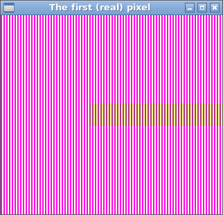 A screenshot of the emulator showing vertical bars of color and an off-center color bar in the middle, due to an error in texture format.