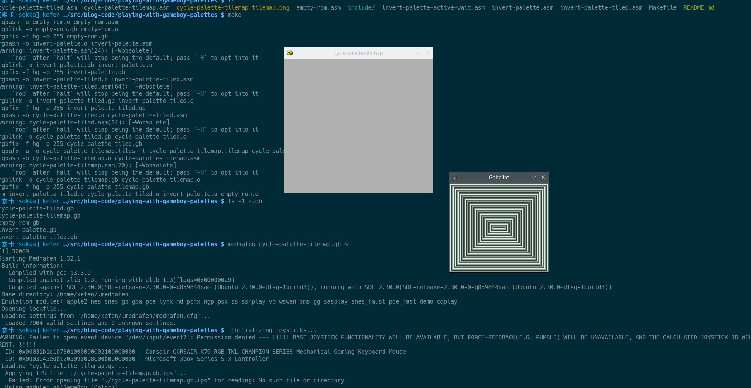 A screenshot of a terminal window showing ROMs having been built. On top, two emulator windows: mednafen showing a blank screen, and Goholint showing concentric rectangles in four colors. A screenshot of a terminal window showing ROMs having been built. On top, two emulator windows: mednafen showing a blank screen, and Goholint showing concentric rectangles in four colors.