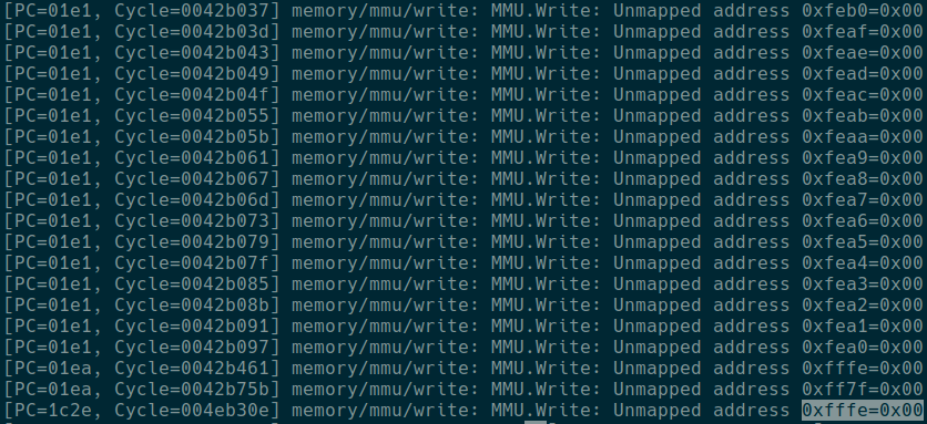 Logs of memory accesses showing unmapped addresses that the emulator’s MMU did not have a handler for. The address 0xfffe is highlighted.