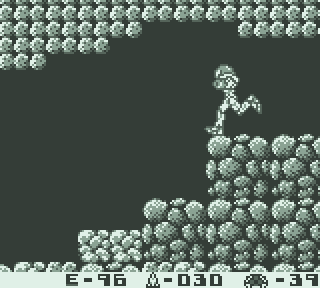 An animated GIF of Metroid II showing Samus reaching the first Metroid egg. It hatches and she can then destroy the Metroid, which unlocks the next part of the map.