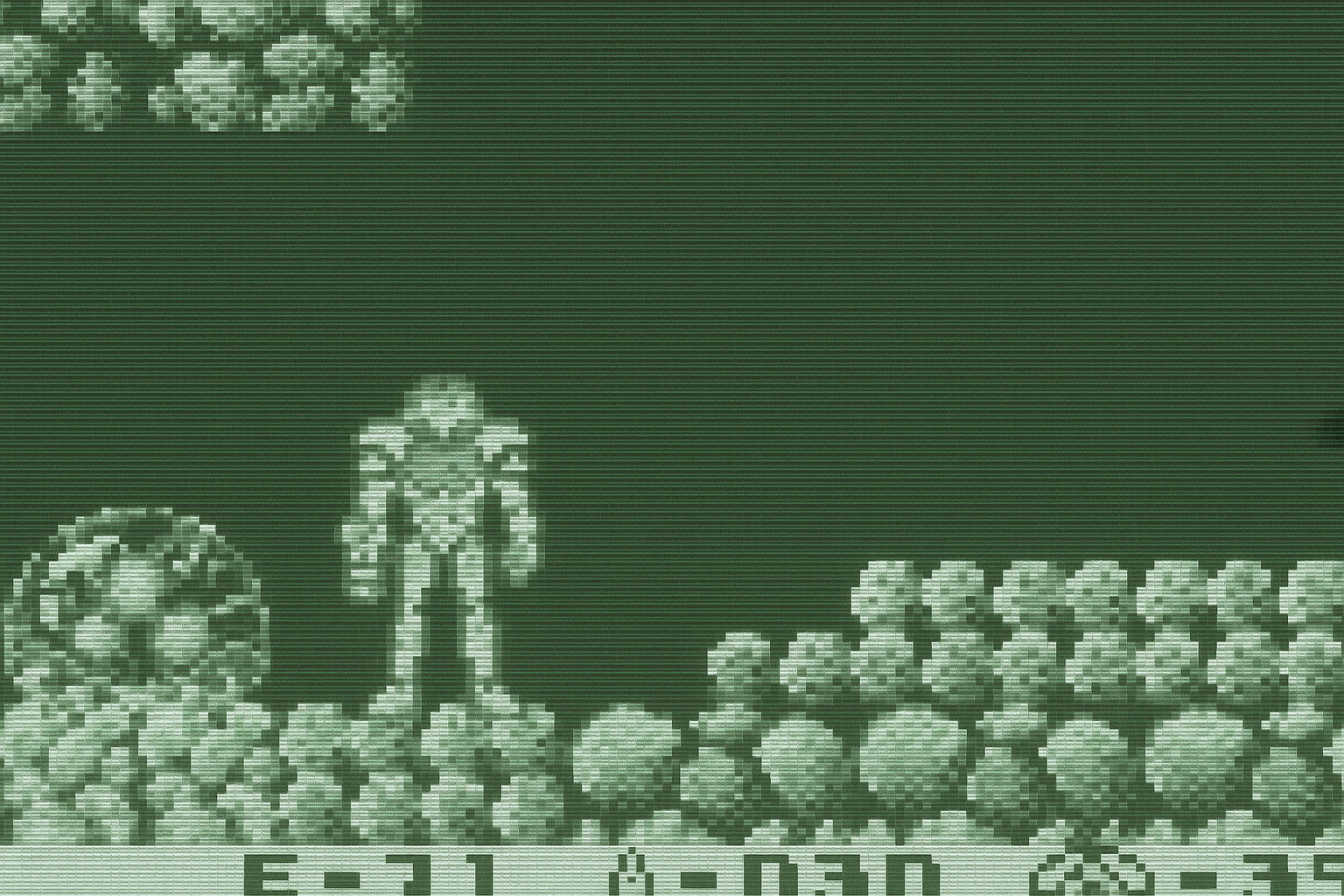 An edited screenshot of Metroid II showing Samus facing the screen next to a Metroid egg that should have hatched but has not.