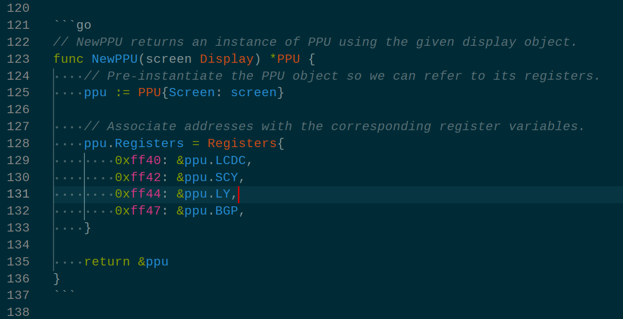 A screenshot of vscode showing a section of highlighted Go code in a Markdown file.