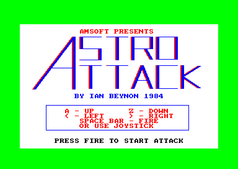 A screenshot of the title screen of Astro Attack on Amstrad CPC.