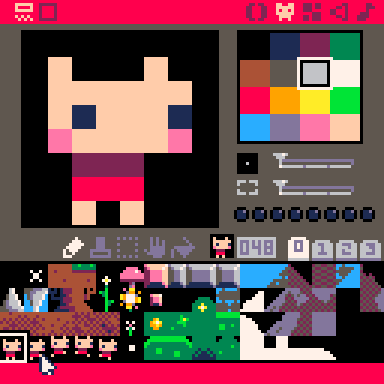 An animated GIF showing a pico-8 programming session in progress, in which the user is seen editing code, selecting sprites and tracing platforms on a level&rsquo;s map before running the program and launching the game.