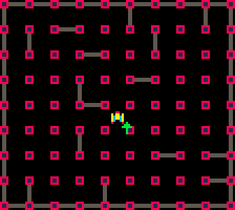 A GIF animation from Pico Attack showing the player sprite moving around with an offset green arrow indicating the last direction input by the player.