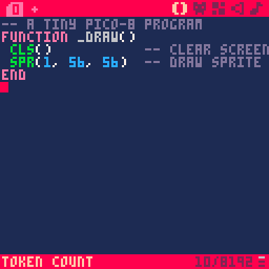 A screenshot of the pico-8 code editor showing a few lines of code to define a _draw() function that clears the screen and draws the first sprite in the middle of it.