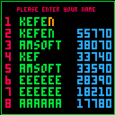 A screenshot of the Pico Attack high score screen where the player is inputting their name at the end of a game after beating a high score.