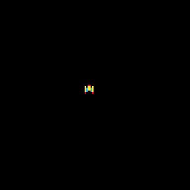 A GIF animation of a square black screen on which the single sprite shown earlier moves around randomly.