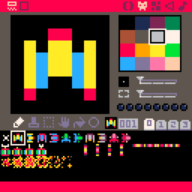 A screenshot of the pico-8 sprite editor showing all sprites used in Pico Attack.