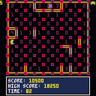A screenshot of a development build of Pico Attack where each playfield tile is showing how many walls surround it.