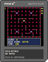 A picture of a pico-8 cartridge which, through some color magic, contains the whole Pico Attack game.
