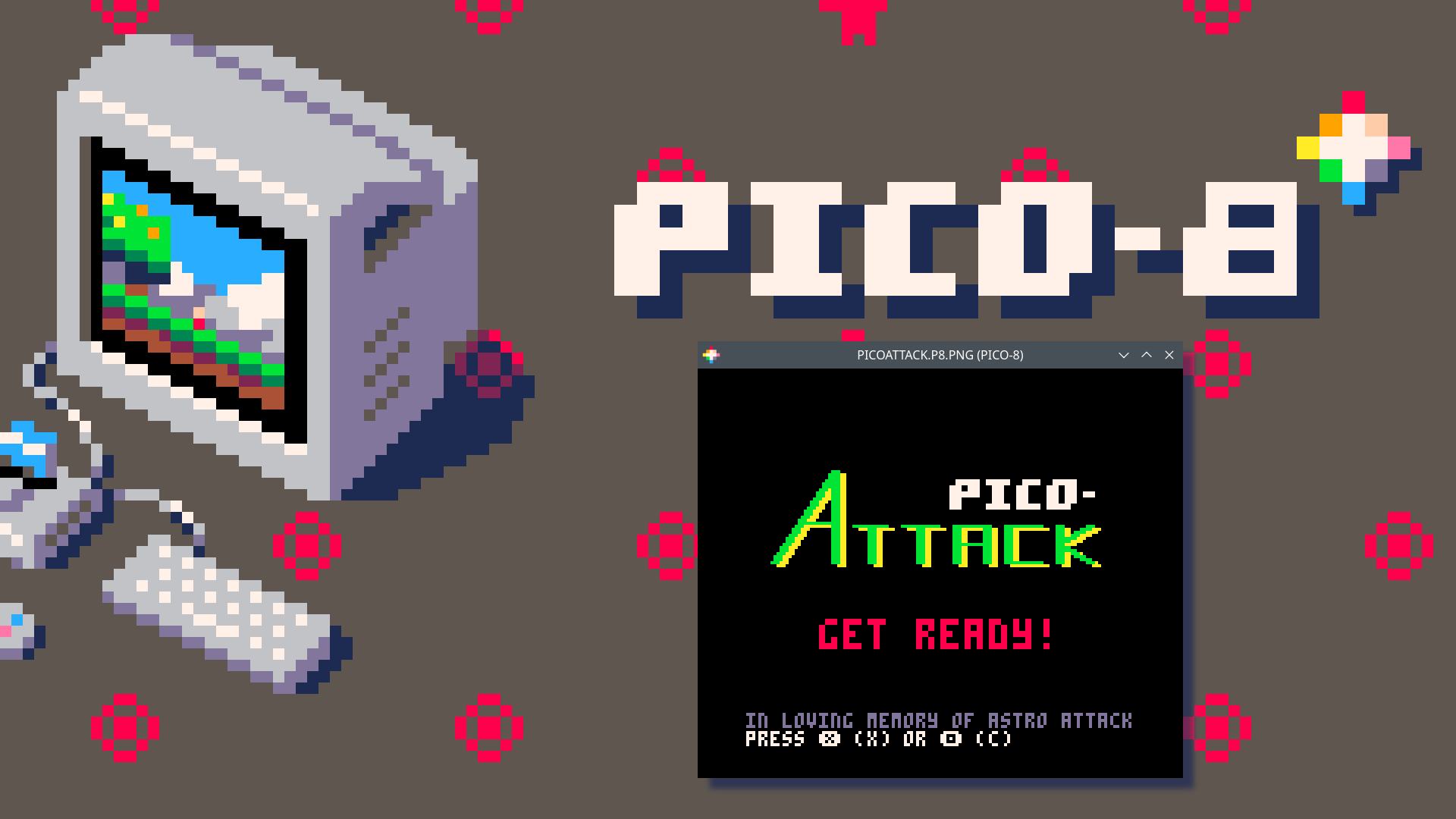 A much scaled up version of the pico-8 site banner overlapped by a pico-8 window displaying the start screen of Pico Attack.